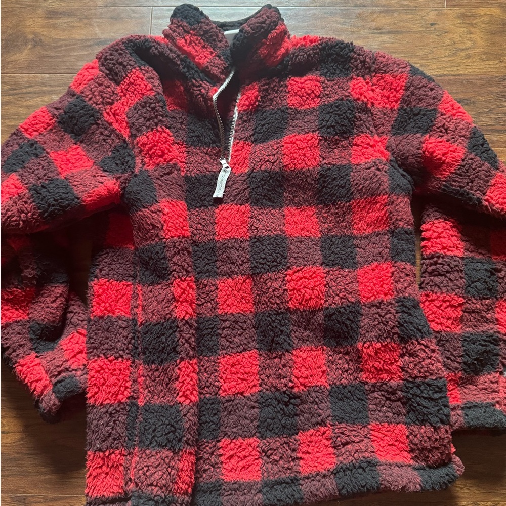 Red and Black Plaid Sherpa Pullover